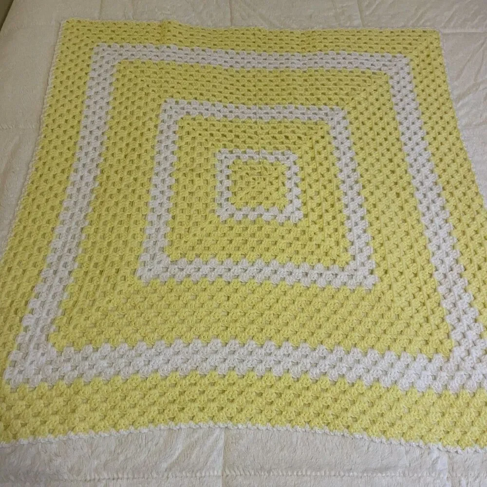 Afghan Blanket Knit Handmade Crochet Baby Throw Vintage 41” x 41” Yellow White